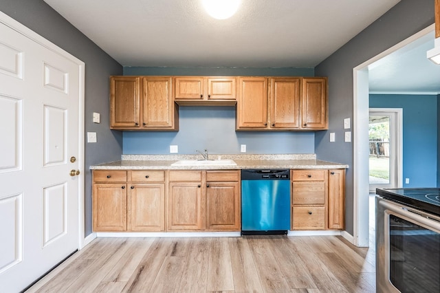 kitchen with baseboards, a sink, electric stove, light wood-style floors, and dishwasher