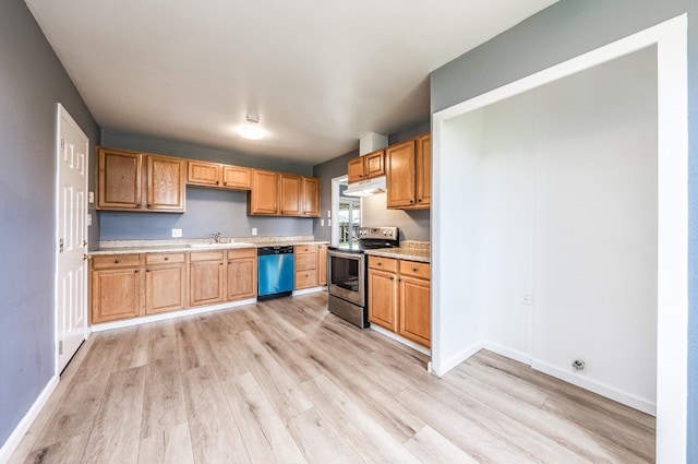 kitchen with electric range, a sink, under cabinet range hood, light countertops, and dishwasher