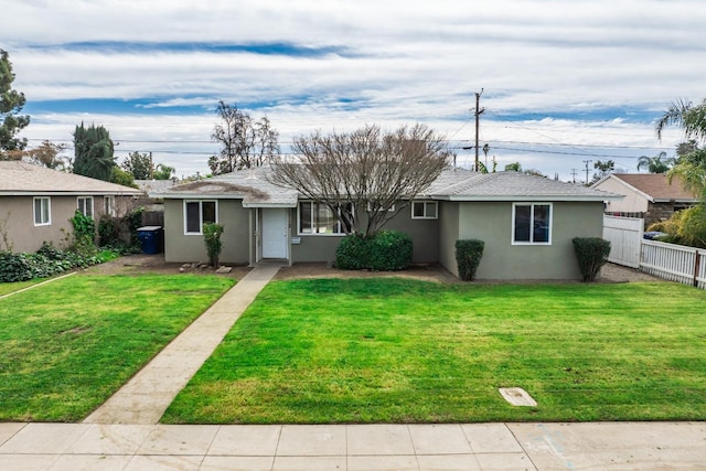 single story home with a front lawn, fence, and stucco siding