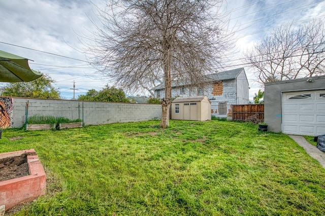 view of yard with an outbuilding, a fenced backyard, and a shed