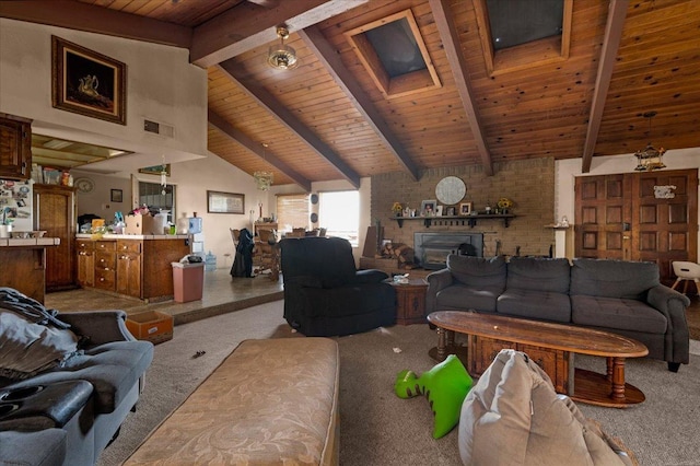 living room featuring light carpet, visible vents, wood ceiling, high vaulted ceiling, and beam ceiling