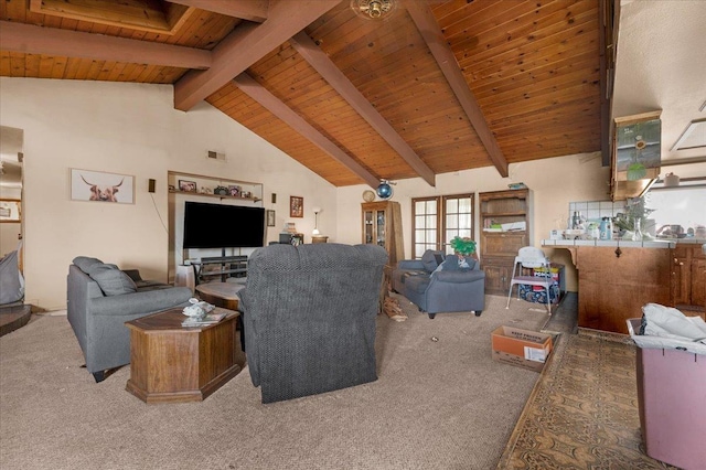 carpeted living area with high vaulted ceiling, wooden ceiling, visible vents, and beamed ceiling