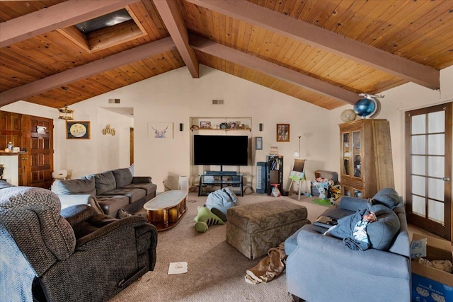 living area with wood ceiling, carpet flooring, visible vents, and lofted ceiling with beams