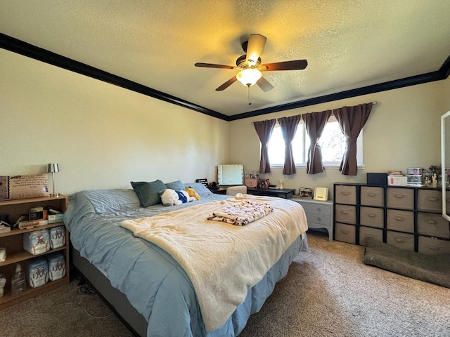 bedroom with crown molding, ceiling fan, light carpet, and a textured ceiling