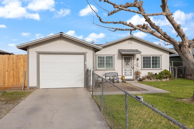 single story home featuring a garage, a front yard, fence, and stucco siding