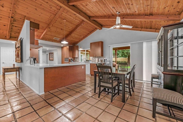 kitchen with beam ceiling, light countertops, a ceiling fan, a sink, and a peninsula