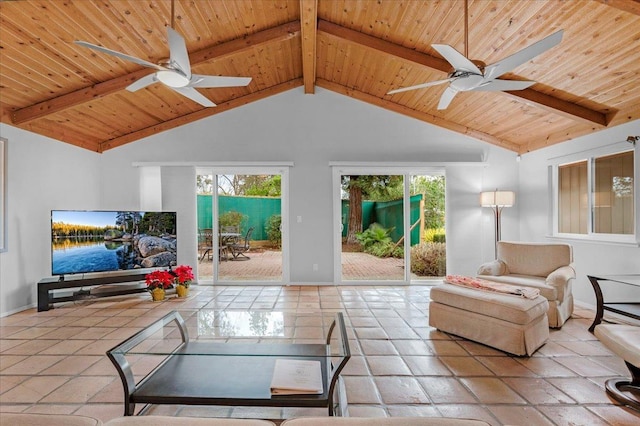 living area featuring baseboards, beam ceiling, wooden ceiling, and a ceiling fan