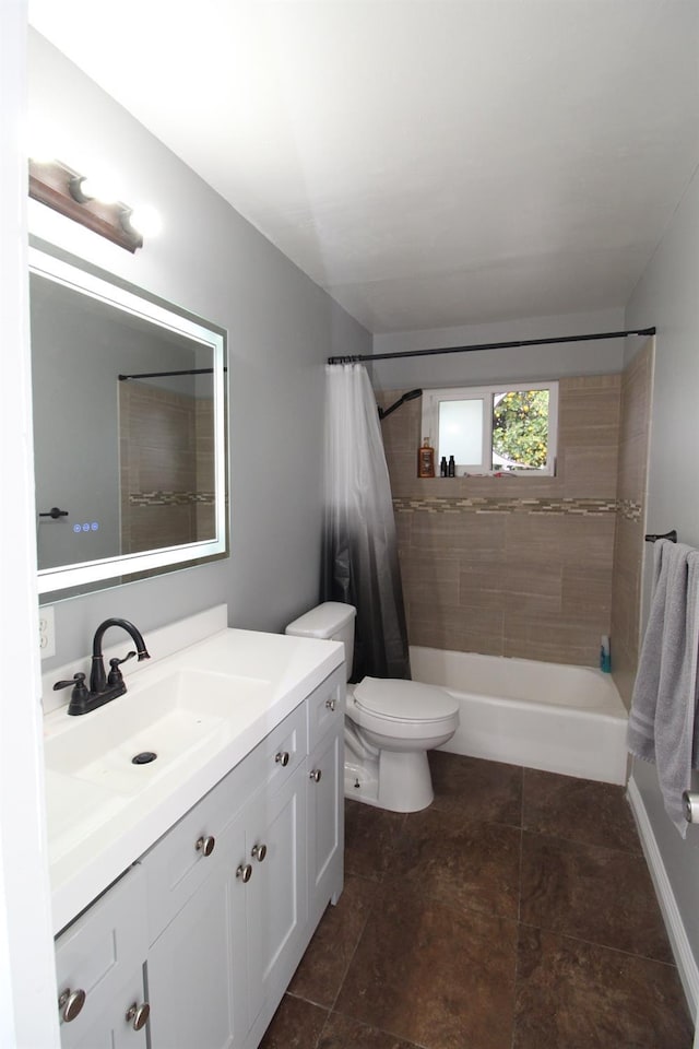 full bath with toilet, shower / bath combo with shower curtain, and vanity