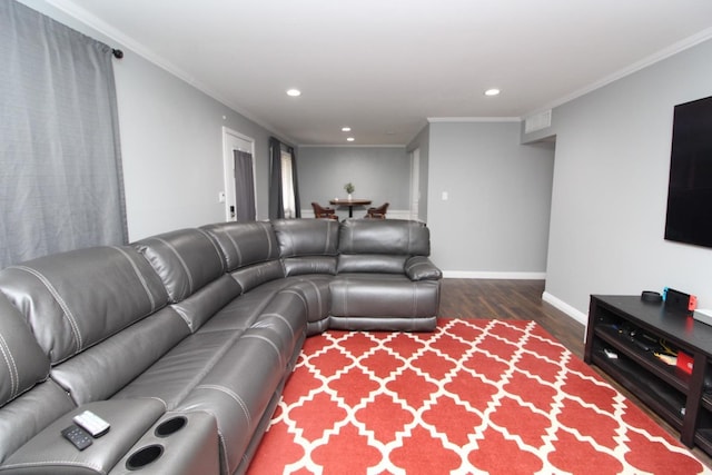 living area with visible vents, baseboards, ornamental molding, recessed lighting, and dark wood-type flooring