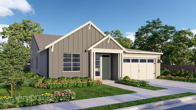 view of front of property featuring a shingled roof, board and batten siding, fence, a garage, and driveway