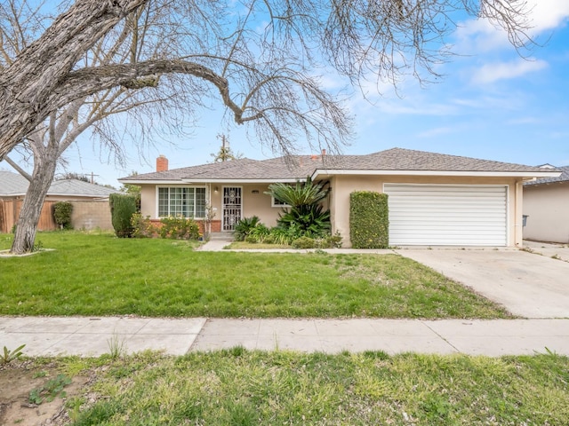 ranch-style house with an attached garage, fence, stucco siding, a chimney, and a front yard