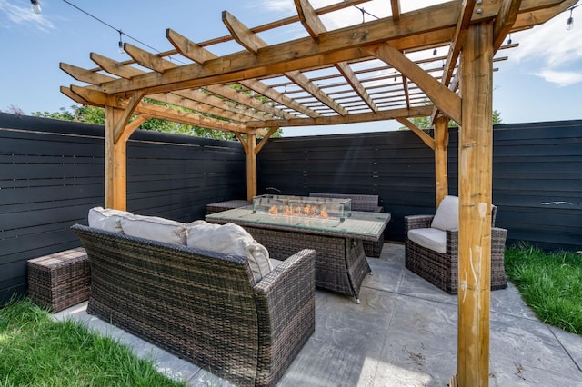 view of patio featuring a pergola, an outdoor living space with a fire pit, and fence