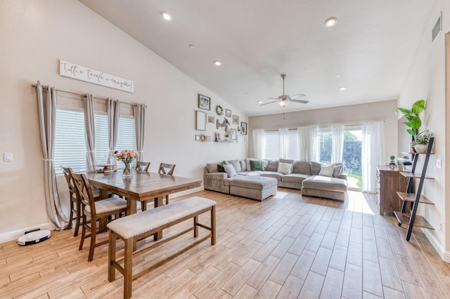 living area featuring recessed lighting, visible vents, a ceiling fan, light wood-type flooring, and baseboards