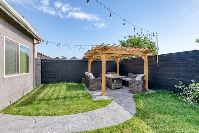 view of yard featuring an outdoor living space with a fire pit, a patio, a fenced backyard, and a pergola