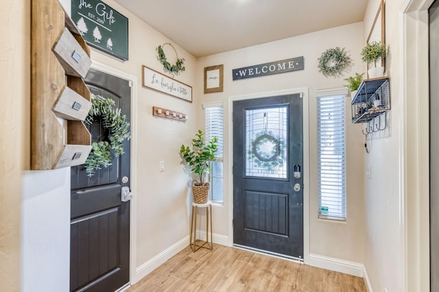 entryway featuring wood finished floors and baseboards