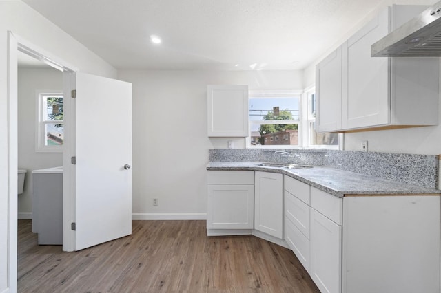 kitchen featuring a sink, light wood-style floors, a healthy amount of sunlight, white cabinets, and range hood