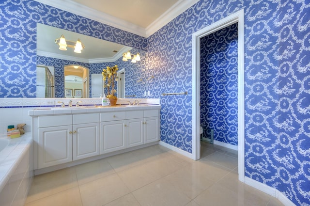 full bath featuring tile patterned flooring, a sink, ornamental molding, double vanity, and wallpapered walls