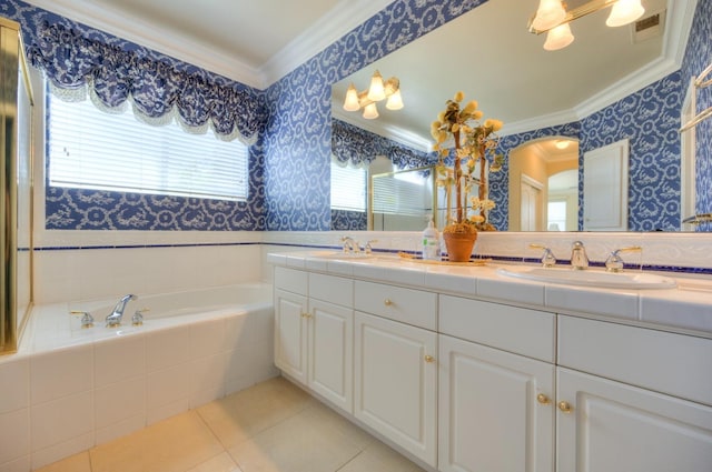 bathroom with wallpapered walls, visible vents, ornamental molding, a garden tub, and a sink