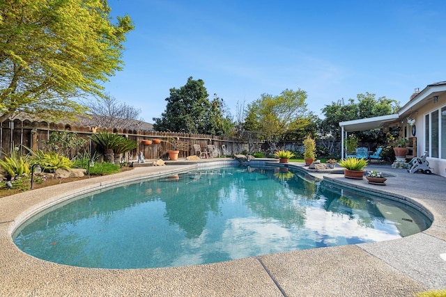 view of swimming pool featuring a fenced in pool, a fenced backyard, and a patio