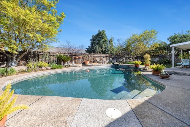 view of swimming pool with a fenced in pool, a fenced backyard, and a patio