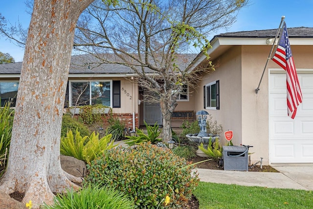 view of front of house with a garage, roof with shingles, and stucco siding