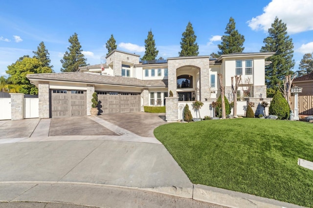 view of front facade featuring stone siding, a front lawn, an attached garage, and fence