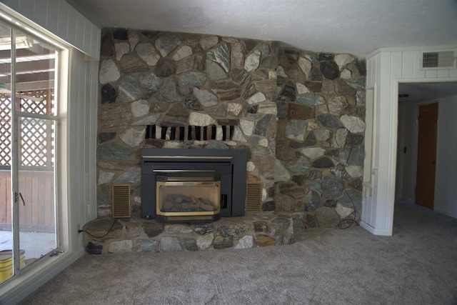 interior details featuring carpet, a wood stove, and visible vents