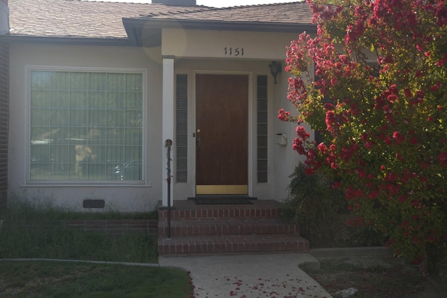 doorway to property featuring roof with shingles and stucco siding