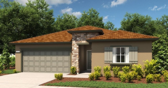 exterior space featuring a garage, a shingled roof, concrete driveway, stone siding, and stucco siding