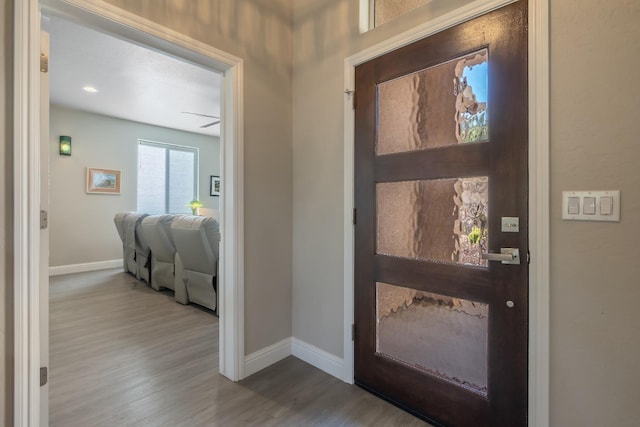 entryway with baseboards and wood finished floors