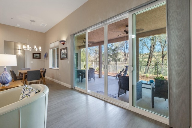 doorway featuring ceiling fan with notable chandelier, a healthy amount of sunlight, and wood finished floors