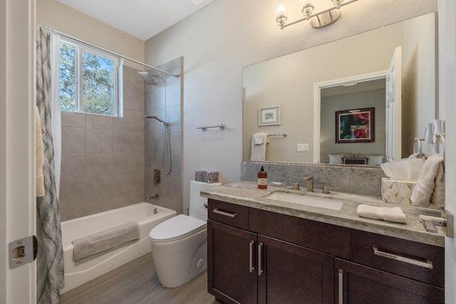 full bathroom featuring decorative backsplash, toilet, shower / bath combo with shower curtain, vanity, and wood finished floors