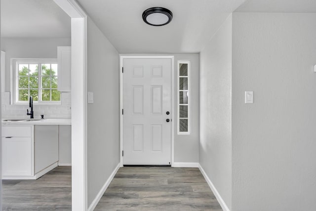 foyer entrance with light wood-style floors and baseboards