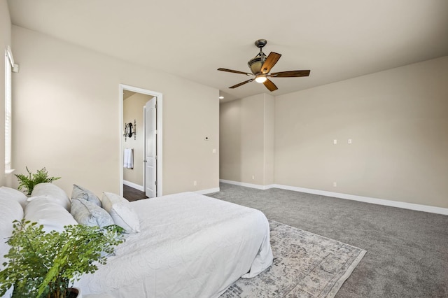 bedroom with a ceiling fan, carpet, and baseboards