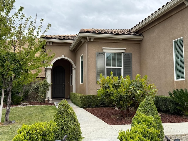 entrance to property featuring a lawn, a tiled roof, and stucco siding