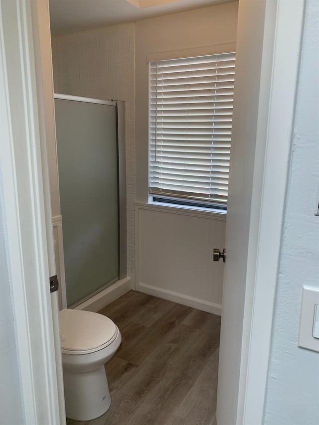 bathroom with wood finished floors, a shower stall, and toilet