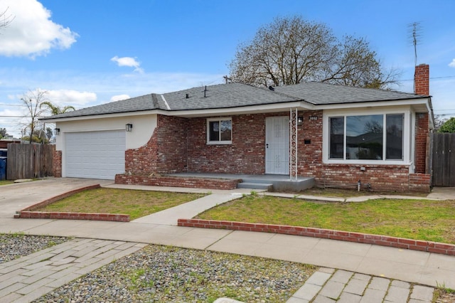 view of front of property featuring a chimney, concrete driveway, an attached garage, fence, and brick siding