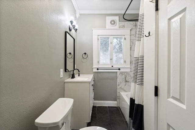 full bath with baseboards, toilet, ornamental molding, shower / bath combination with curtain, and vanity