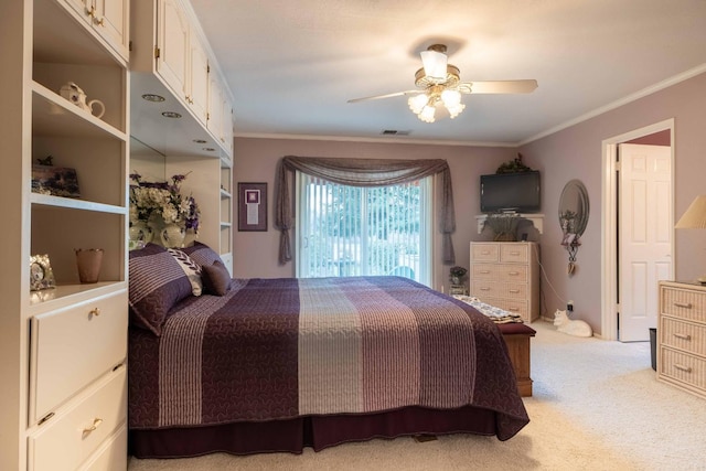 bedroom with ornamental molding, light colored carpet, visible vents, and ceiling fan