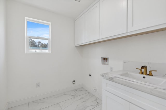 36950 Pauline Ave, Madera, CA 93636 - washroom featuring washer hookup, cabinet space, electric dryer hookup, marble finish floor, and a sink