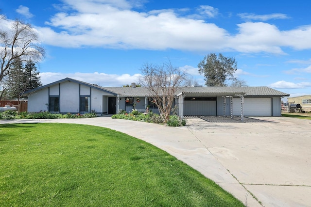 view of front of home featuring driveway, a garage, a front lawn, a carport, and stucco siding