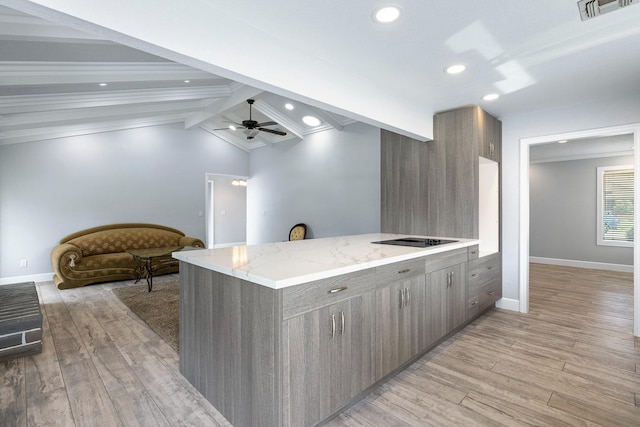 kitchen with a peninsula, light wood finished floors, ceiling fan, and gray cabinetry