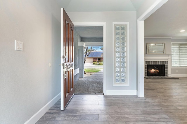 entrance foyer featuring plenty of natural light, a fireplace, baseboards, and wood finished floors