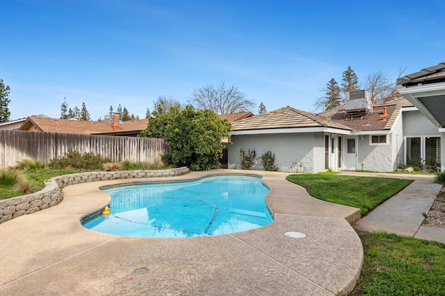 view of pool with a fenced backyard, cooling unit, a fenced in pool, and a patio