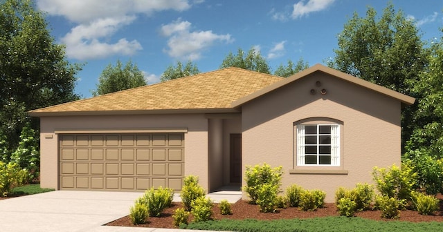 view of front facade with an attached garage, driveway, a shingled roof, and stucco siding