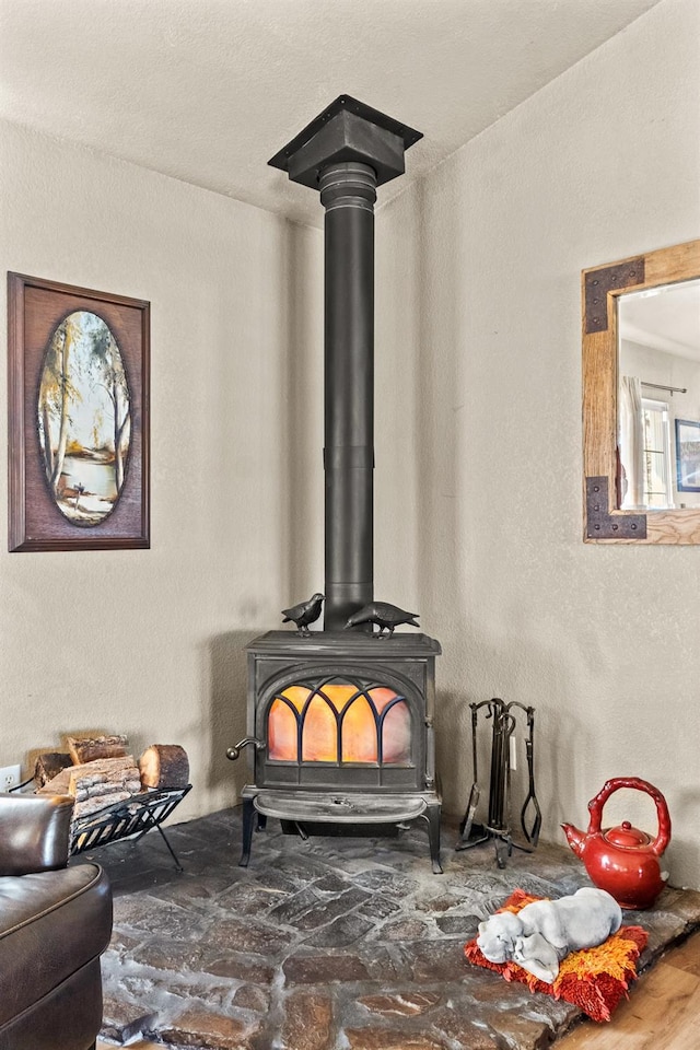 room details with a wood stove