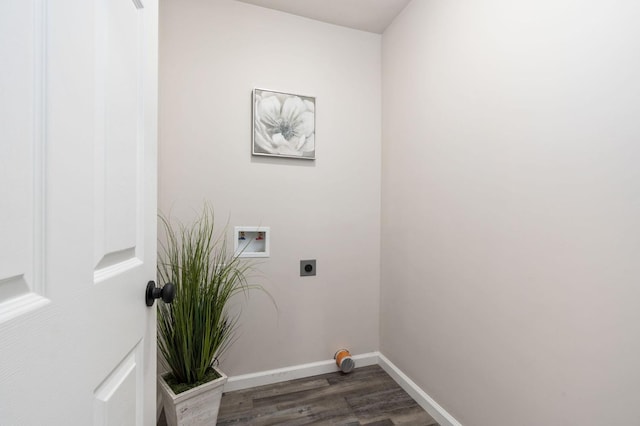 laundry area featuring laundry area, baseboards, dark wood-type flooring, washer hookup, and electric dryer hookup