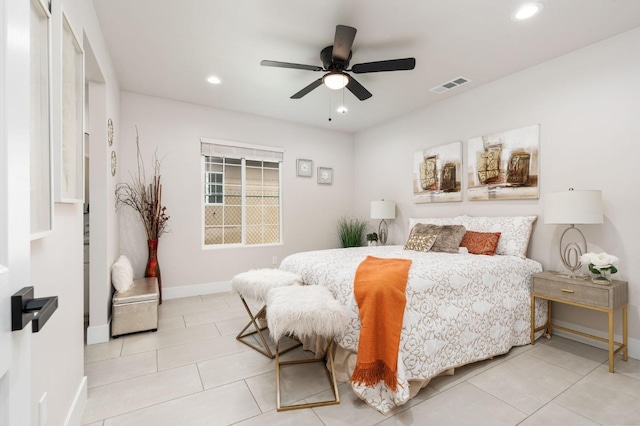 bedroom with recessed lighting, tile patterned flooring, visible vents, and baseboards