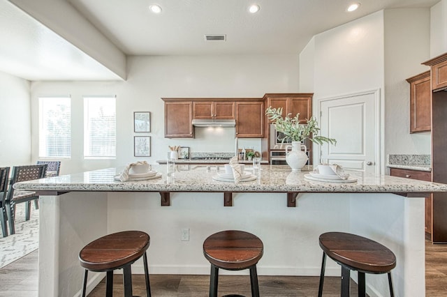 kitchen featuring light stone counters, dark wood-style flooring, visible vents, and under cabinet range hood