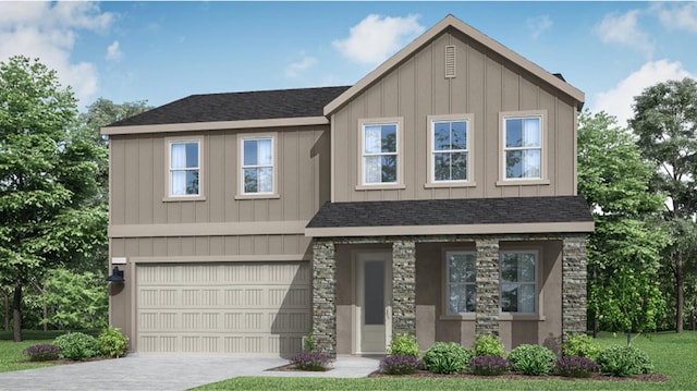 view of front of house featuring roof with shingles, concrete driveway, an attached garage, board and batten siding, and stone siding